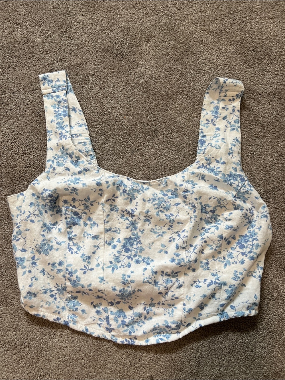 Midnight Sky Blue Floral Cropped Flax Blend Top Small